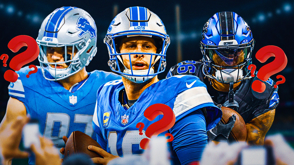 Detroit Lions QB Jared Goff with RB Jahmyr Gibbs and defensive end Aidan Hutchinson. They are all surrounded by question mark emojis.