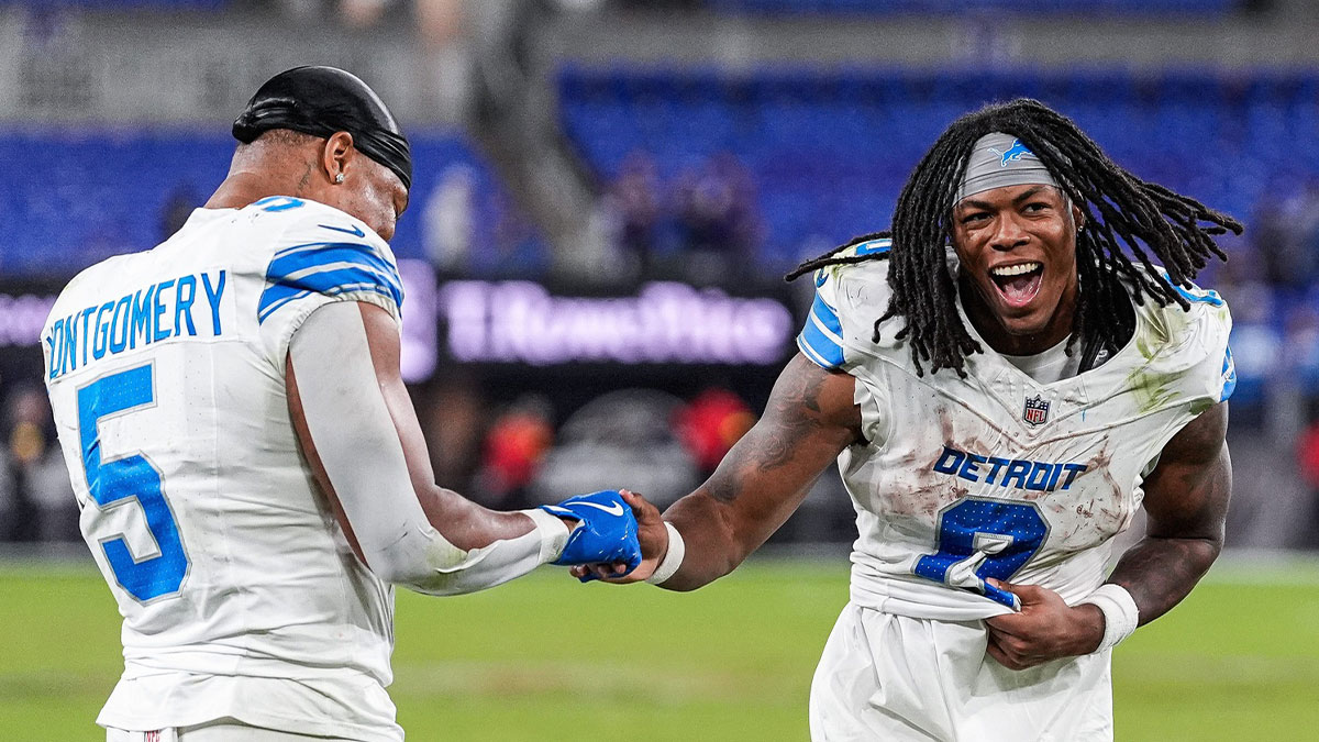 Detroit Lions running back David Montgomery (5), left, and running back Jahmyr Gibbs (0) celebrates 38-30 win over Baltimore Ravens at M&T Bank Stadium in Baltimore, Md. on Monday, Sept. 22, 2025.