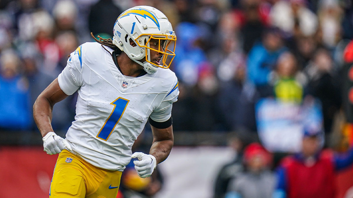 Los Angeles Chargers wide receiver Quentin Johnston (1) on the field against the New England Patriots in the first quarter at Gillette Stadium.