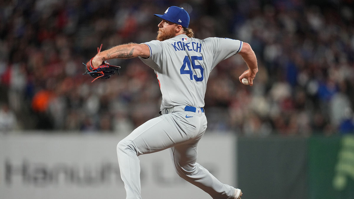 Los Angeles Dodgers pitcher Michael Kopech (45) delivers a pitch against the San Francisco Giants in the eighth inning at Oracle Park.