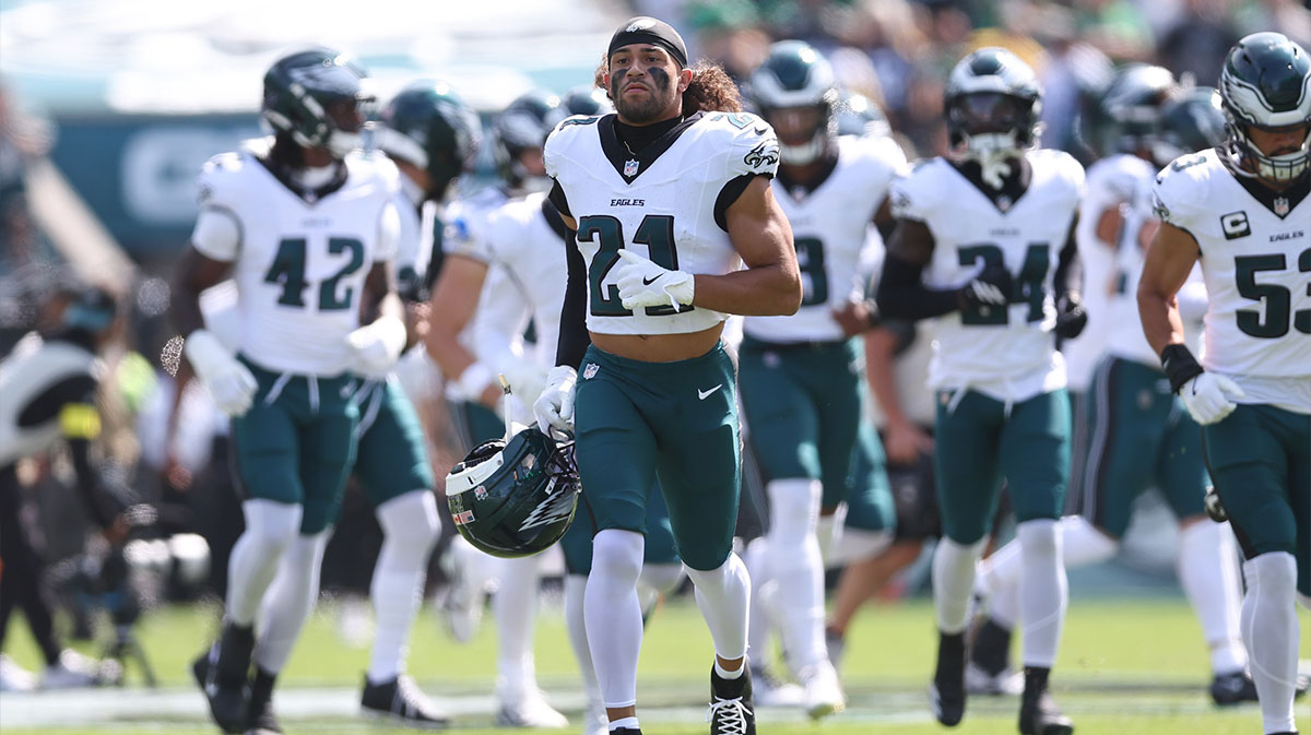 Philadelphia Eagles safety Sydney Brown (21) before action against the Los Angeles Rams