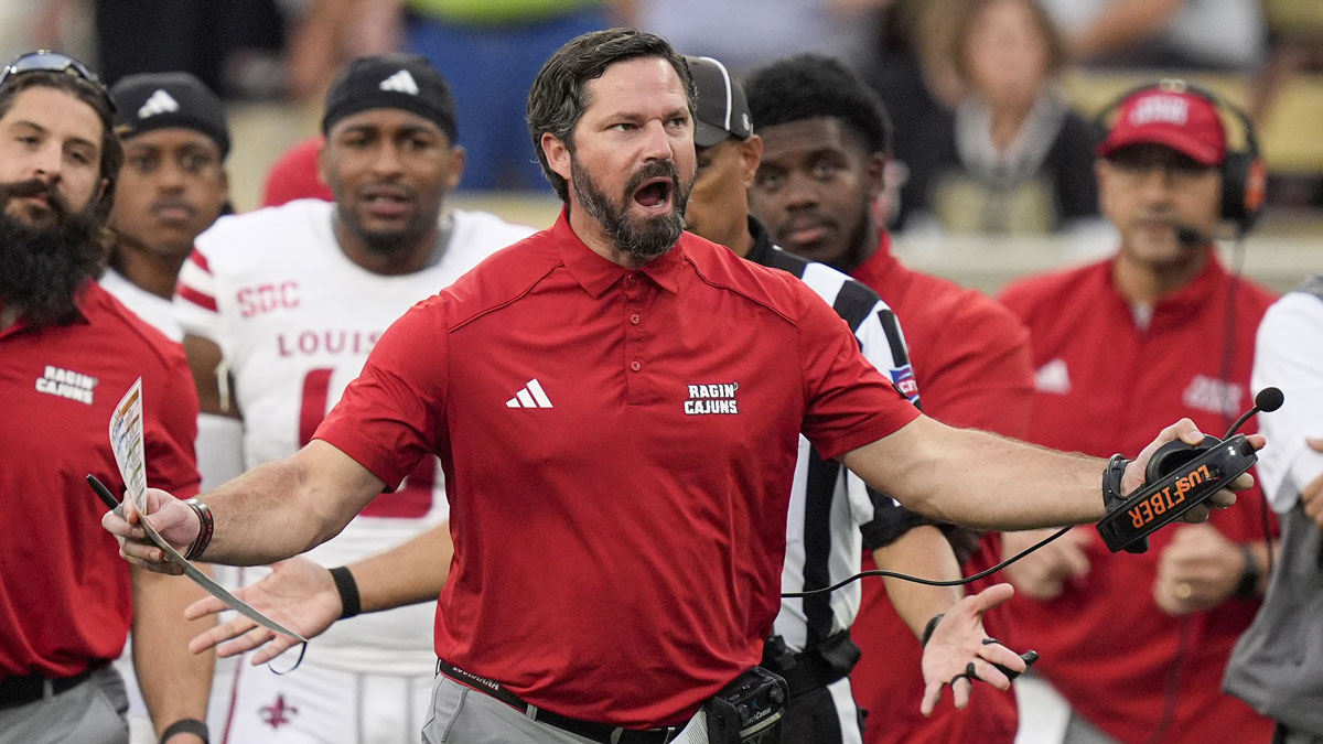 Louisiana-Lafayette Ragin Cajuns head coach Michael Desormeaux reacts to a targeting call during the second half against the Wake Forest Demon Deacons at Allegacy Federal Credit Union Stadium.