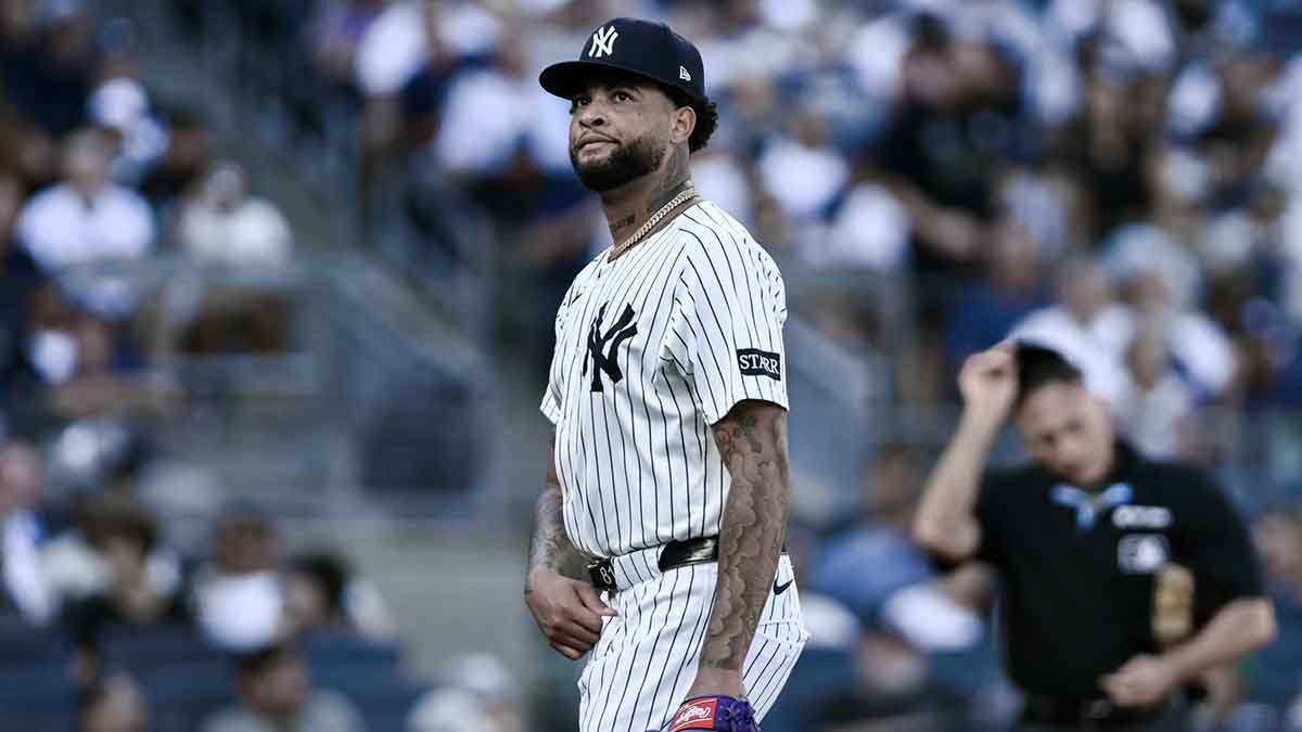 New York Yankees pitcher Luis Gil (81) reacts as he heads to the dugout after the fourth inning against the Baltimore Orioles at Yankee Stadium. Mandatory Credit: John Jones-Imagn Images