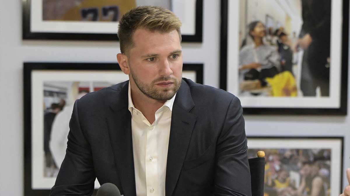 Los Angeles Lakers Luka Doncic (77) is interviewed Spectrum SportsNet following a press conference announcing the signing of his contract extension at UCLA Health Training Center.