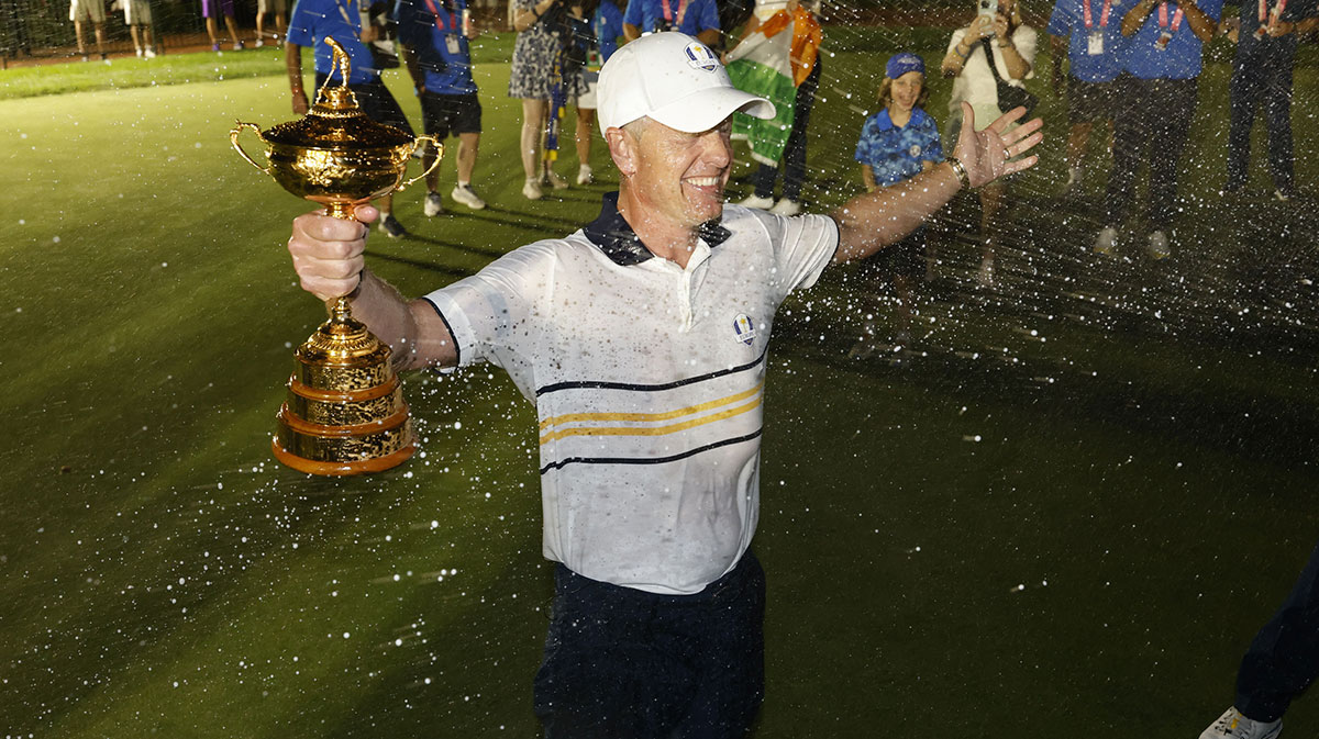 Team Europe captain Luke Donald reacts after defeating Team USA on the final day of competition for the Ryder Cup at Bethpage Black.