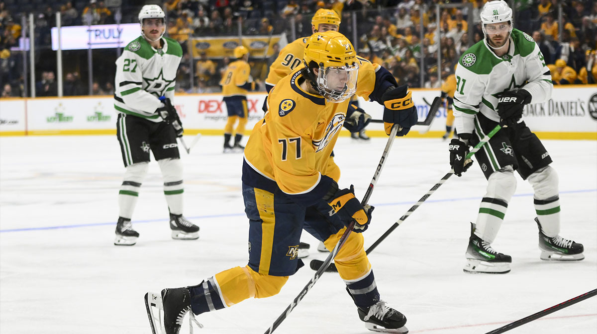 Nashville Predators right wing Luke Evangelista (77) takes a shot on goal against the Dallas Stars during the third period at Bridgestone Arena.