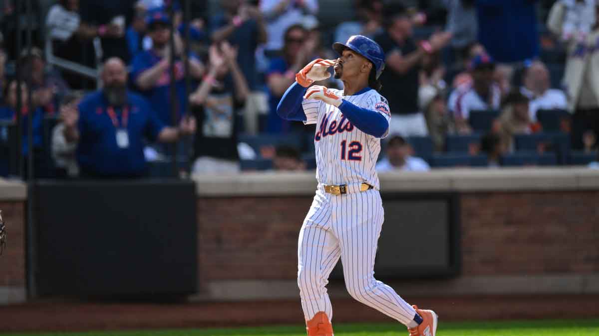 New York Mets shortstop Francisco Lindor (12) reacts after hitting a solo home run against the Washington Nationals during the sixth inning at Citi Field.