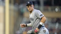 New York Yankees right fielder Aaron Judge (99) looks on against the Minnesota Twins in the first inning at Target Field.