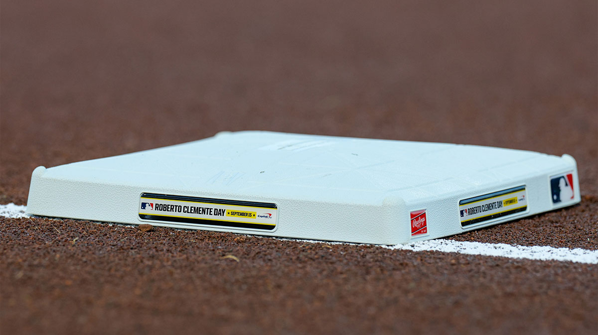 Major League Baseball bases display logos for Roberto Clemente day before a game between the Tampa Bay Rays and the Toronto Blue Jays at George M. Steinbrenner Field.
