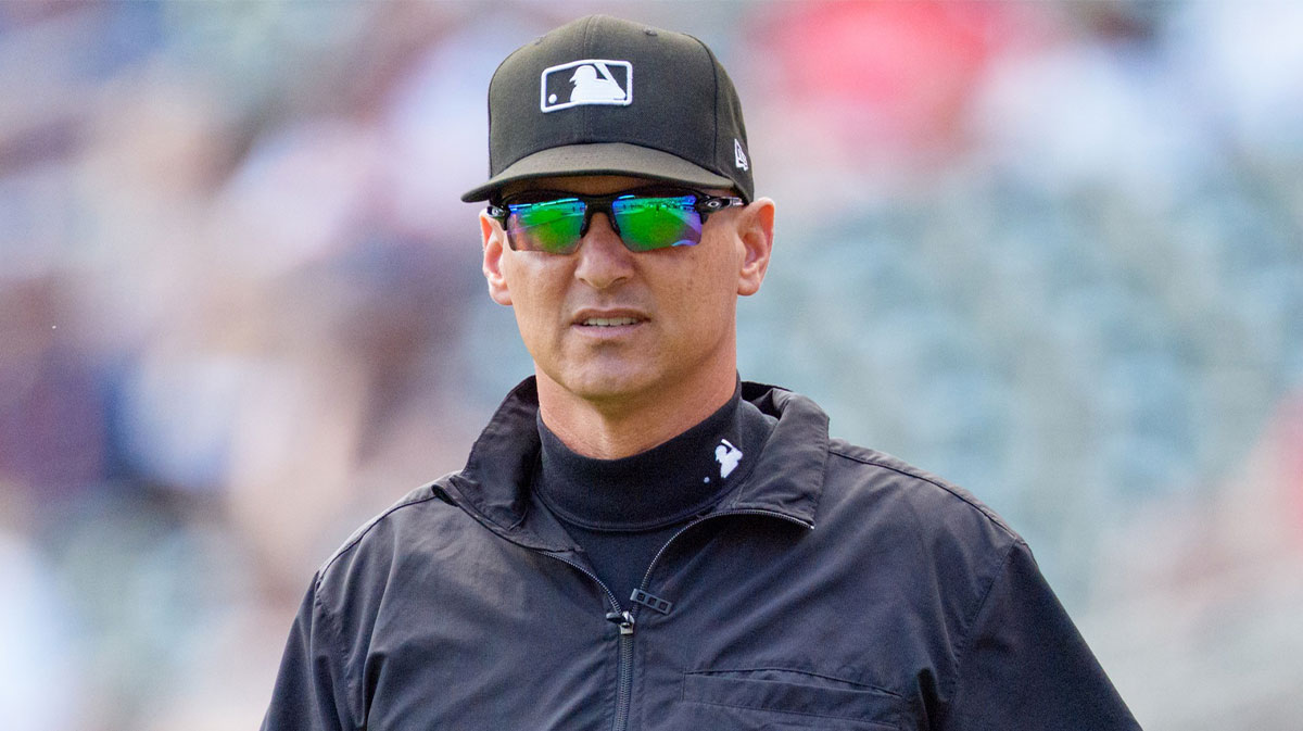 umpire Vic Carapazza (19) walks around the infield before the game against the Minnesota Twins and Cleveland Guardians at Target Field