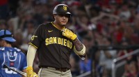 San Diego Padres third baseman Manny Machado (13) reacts after striking out to end the fifth inning against the Washington Nationals at Nationals Park.