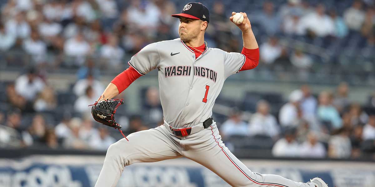 Washington Nationals starting pitcher MacKenzie Gore (1) pitches in the first inning against the New York Yankees at Yankee Stadium.