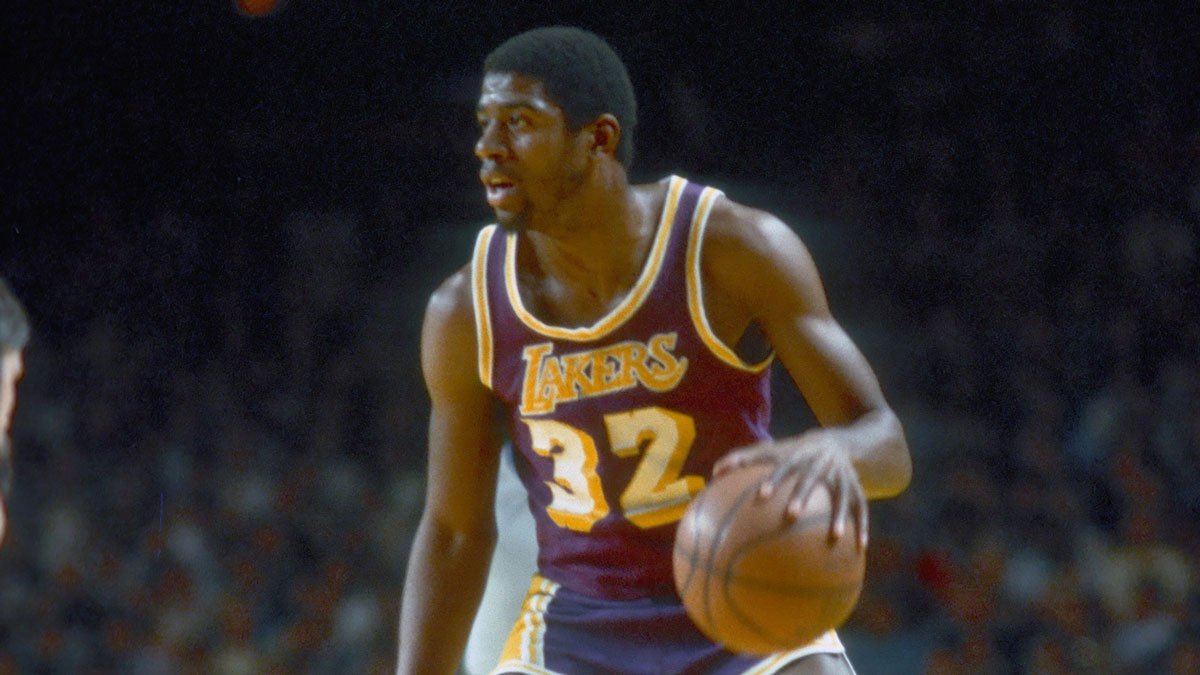 Los Angeles Lakers guard (32) Ervin "Magic" Johnson in action during the 1980-81 season.