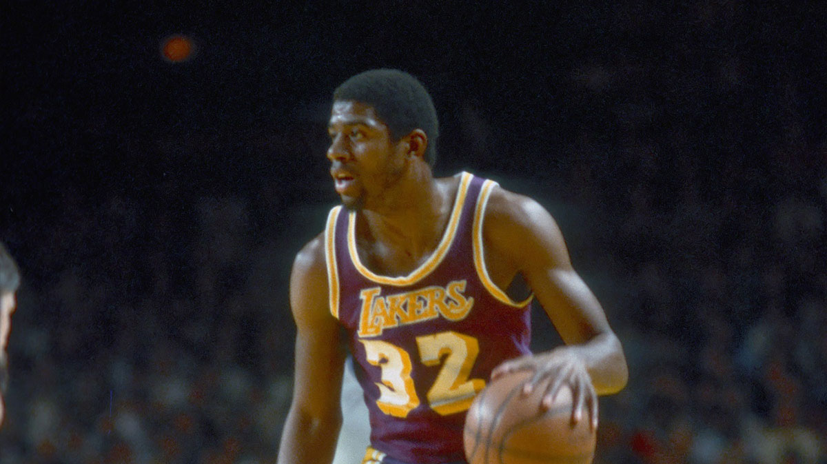 Los Angeles Lakers guard (32) Magic Johnson in action during the 1980-81 season.
