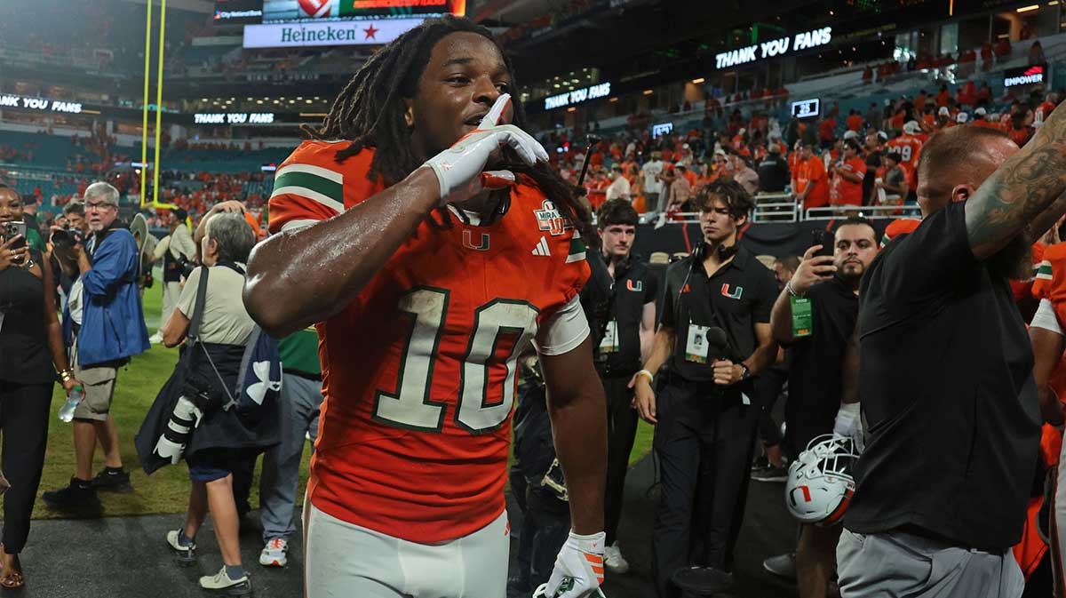 Miami Hurricanes wide receiver Malachi Toney (10) reacts after defeating the Notre Dame Fighting Irish at Hard Rock Stadium.