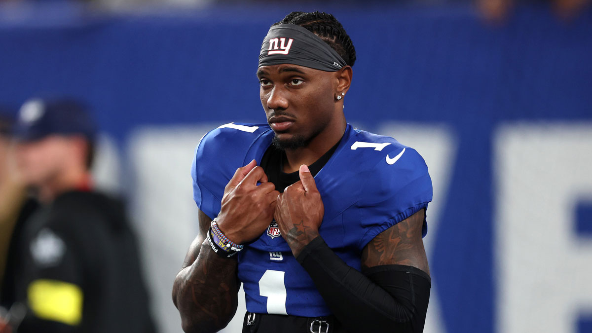 New York Giants wide receiver Malik Nabers (1) looks on before the game against the Kansas City Chiefs at MetLife Stadium.