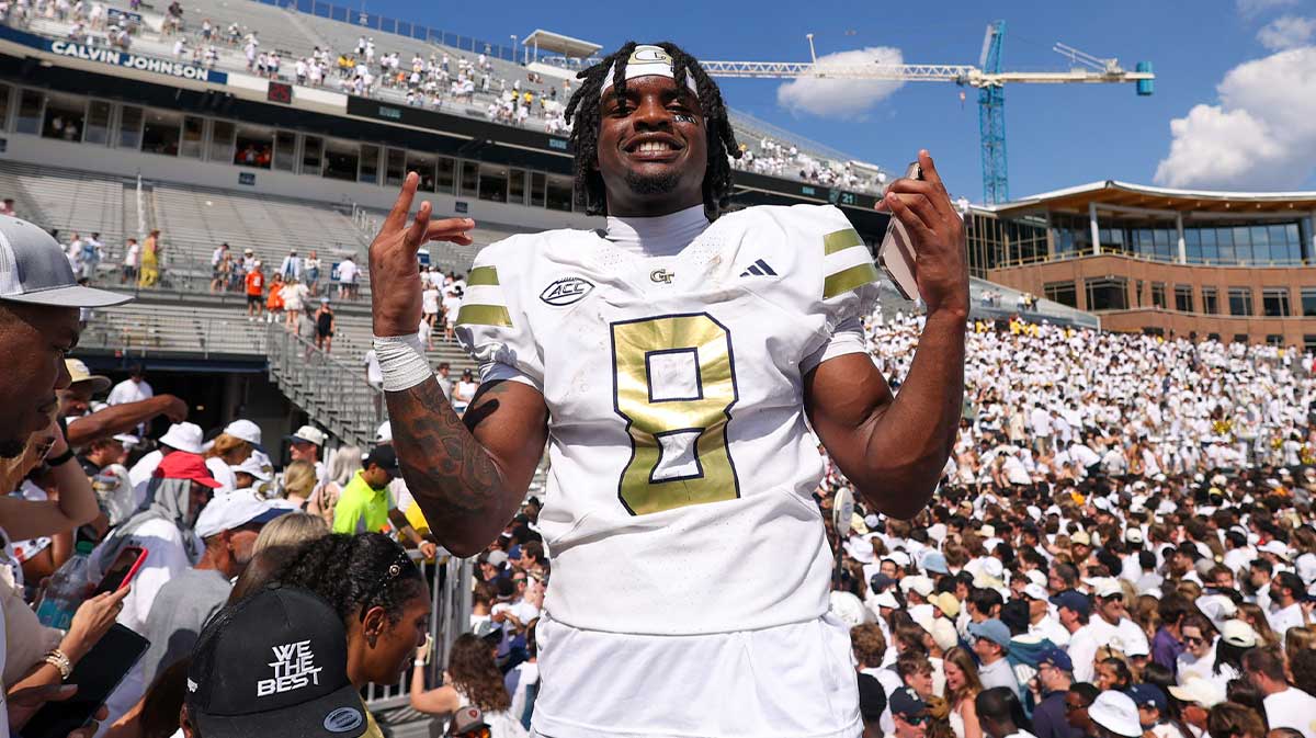 Georgia Tech Yellow Jackets wide receiver Malik Rutherford (8) celebrates after a victory over the Clemson Tigers at Bobby Dodd Stadium at Hyundai Field.