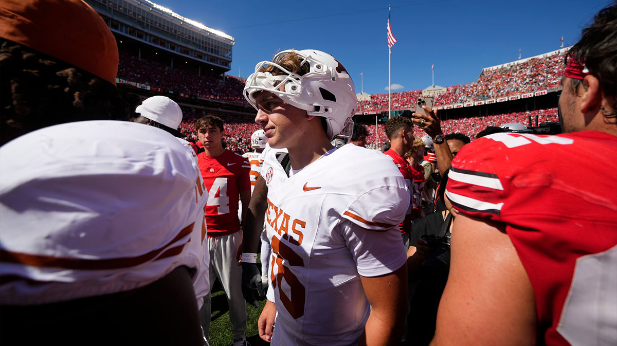 Texas Longhorns quarterback Arch Manning (16) leaves the field following the NCAA football game against the Ohio State Buckeyes at Ohio Stadium on Aug. 30, 2025. Ohio State won 14-7.
