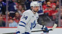 Toronto Maple Leafs center Auston Matthews (34) looks on after scoring against the Florida Panthers during the third period in game six of the second round of the 2025 Stanley Cup Playoffs at Amerant Bank Arena.