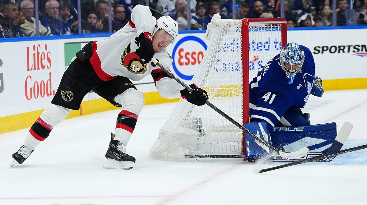 Ottawa Senators left wing Brady Tkachuk (7) tries a wrap around shot on Toronto Maple Leafs goaltender Anthony Stolarz (41) in the second period during game five of the first round of the 2025 Stanley Cup Playoffs.