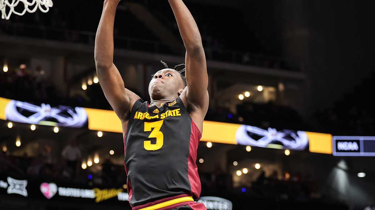 Mar 11, 2025; Kansas City, MO, USA; Arizona State Sun Devils guard Joson Sanon (3) drives to the basket during the second half against the Kansas State Wildcats at T-Mobile Center. Mandatory Credit: William Purnell-Imagn Images