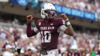 Texas A&M Aggies quarterback Marcel Reed (10) celebrates after a touchdown pass during the second quarter against the Utah State Aggies at Kyle Field.