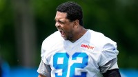 Detroit Lions defensive end Marcus Davenport (92) practices during OTA at Meijer Performance Center in Allen Park on Friday, May 30, 2025.