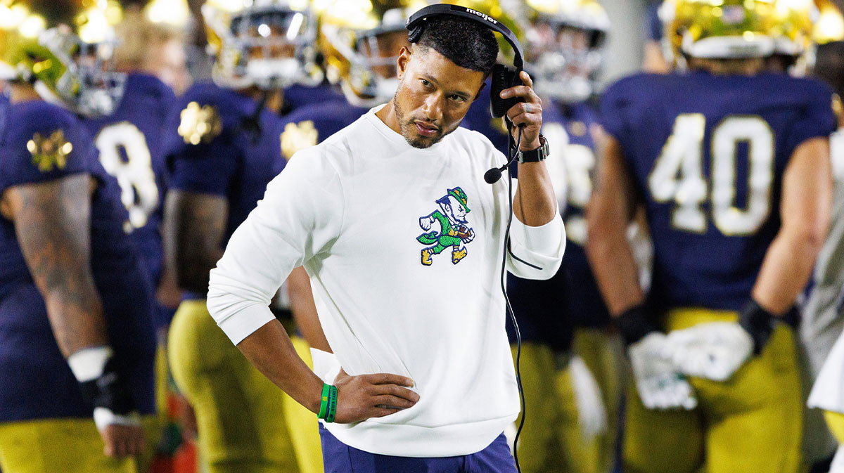 Notre Dame head coach Marcus Freeman looks on in the second half of a NCAA football game against Texas A&M at Notre Dame Stadium