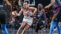 Connecticut Sun guard Marina Mabrey (3) drives the ball toward the basket against Atlanta Dream guard Rhyne Howard (10) during the third quarter at Gateway Center Arena at College Park.