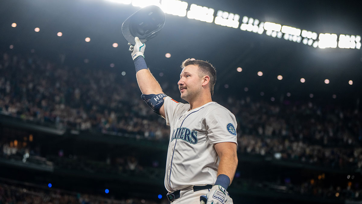 Seattle Mariners catcher Cal Raleigh (29) acknowledges the crowd after hitting his 60th home run of the season during the eighth inning against the Colorado Rockies at T-Mobile Park.