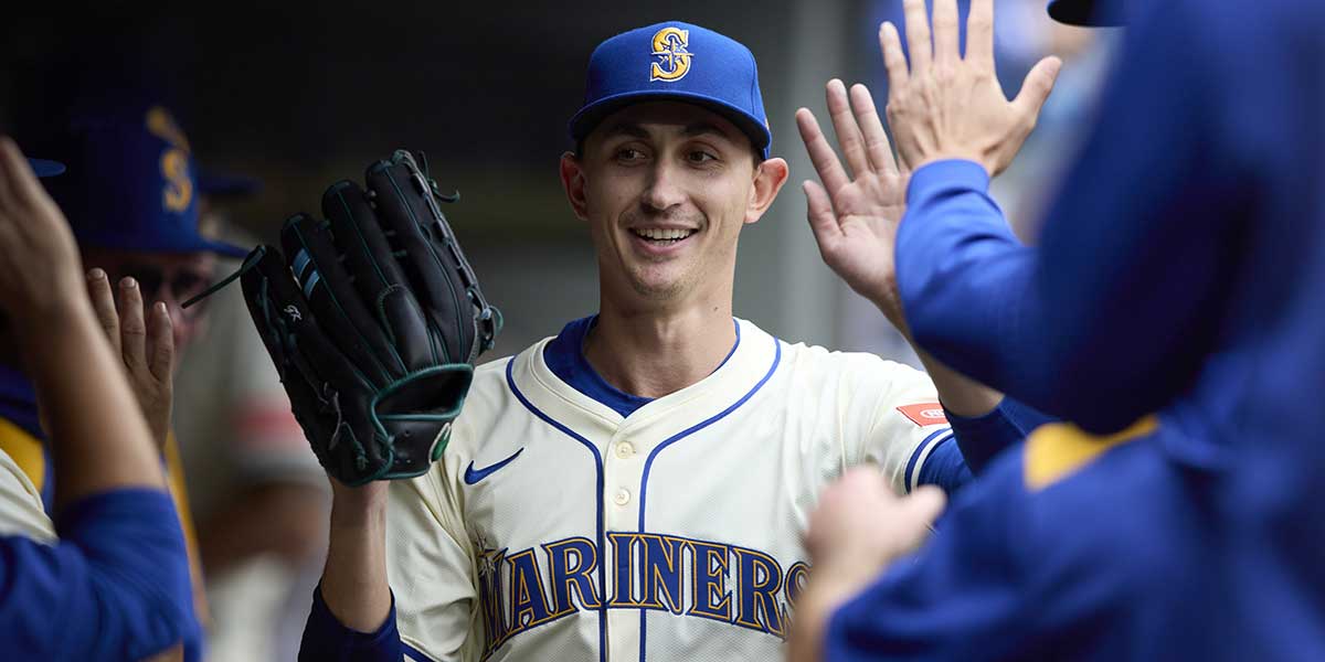 Seattle Mariners starting pitcher George Kirby (68) in the dugout after exiting the game during the seventh inning against the Los Angeles Angels at T-Mobile Park.