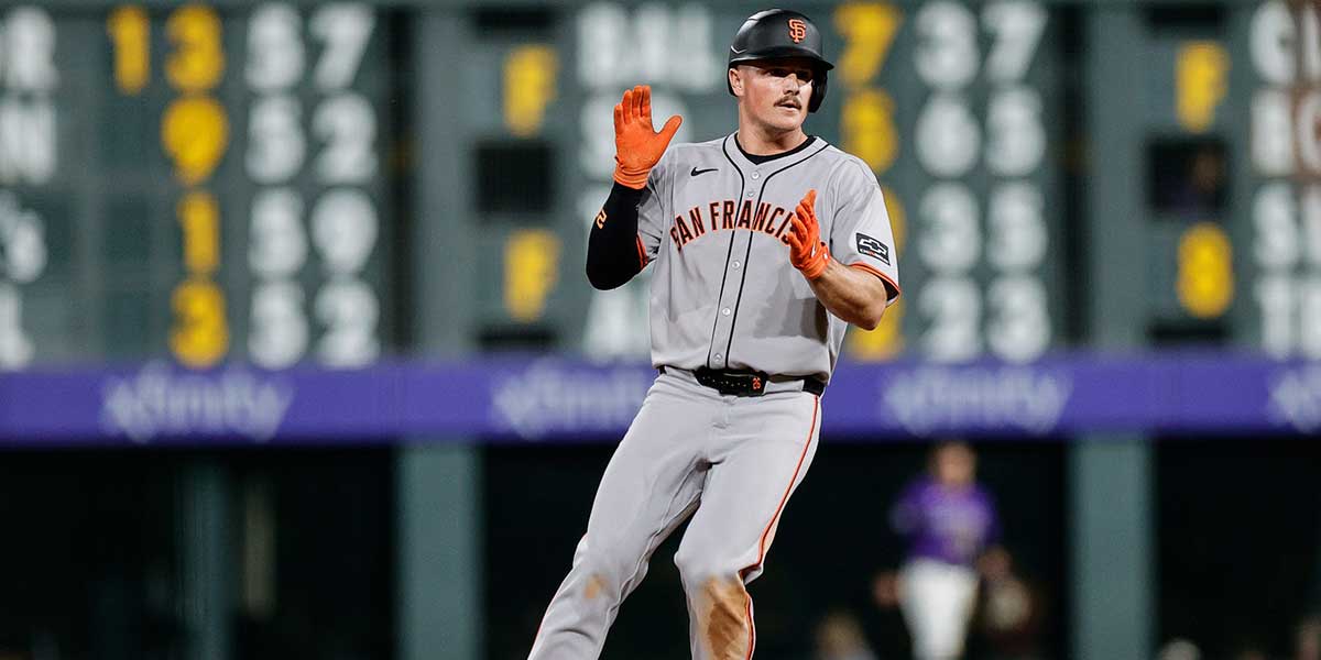 San Francisco Giants third baseman Matt Chapman (26) reacts from second on a double in the fifth inning against the Colorado Rockies at Coors Field.