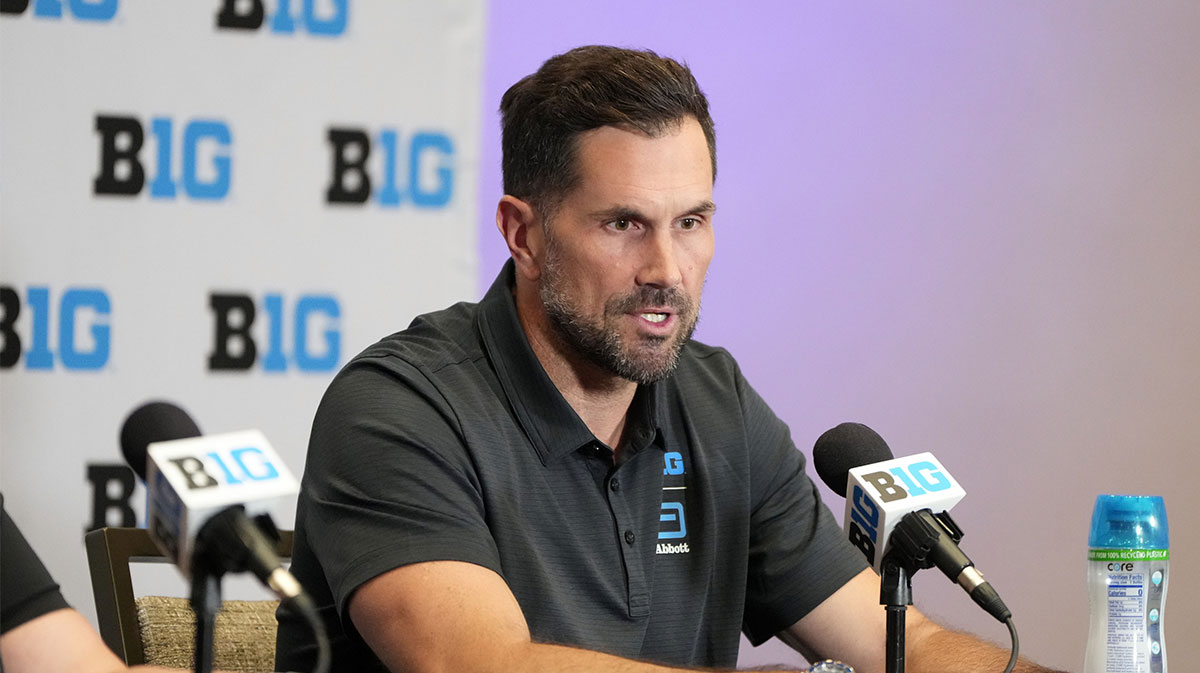 Former NFL quarterback Matt Leinart speaks to the media about The We Give Blood Drive during the Big Ten NCAA college football media days at Mandalay Bay Resort.