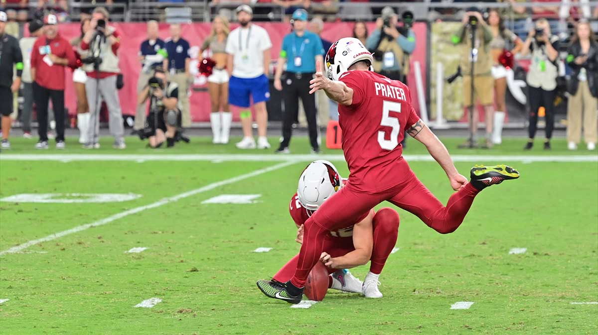 Nov 12, 2023; Glendale, Arizona, USA; Arizona Cardinals place kicker Matt Prater (5) kicks the game winning field goal in the second half against the Atlanta Falcons at State Farm Stadium.
