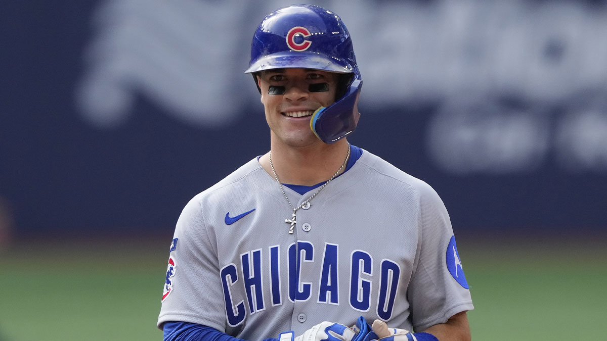 Chicago Cubs third baseman Matt Shaw (6) smiles after his double against the Toronto Blue Jays during the eighth inning at Rogers Centre.