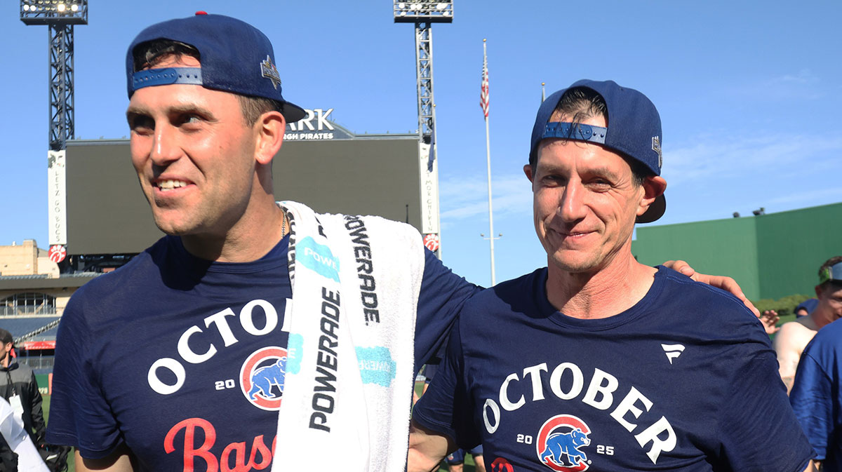 Chicago Cubs pitcher Matthew Boyd (left) and manager Craig Counsell (right) celebrate after defeating the Pittsburgh Pirates to secure a spot in the 2025 play-offs at PNC Park.