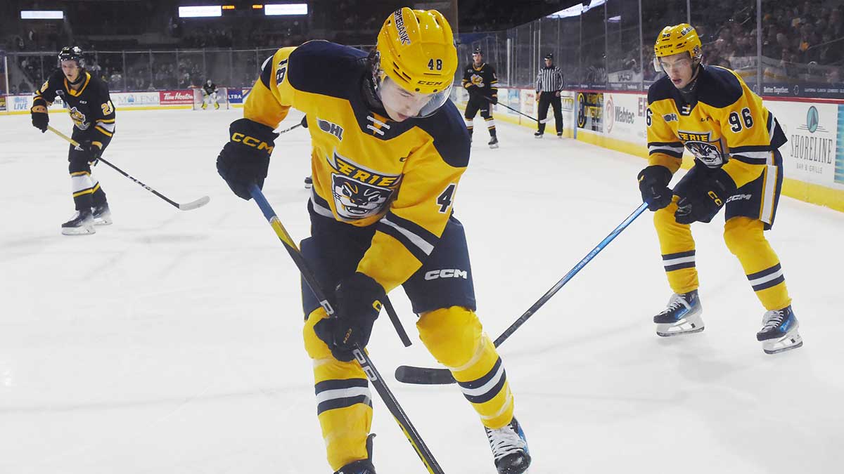 Erie Otters defenseman Matthew Schaefer controls the puck against the Sarnia Sting