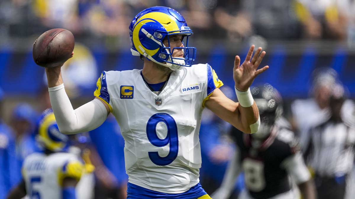 Los Angeles Rams quarterback Matthew Stafford (9) attempts a pass during the first quarter at SoFi Stadium.