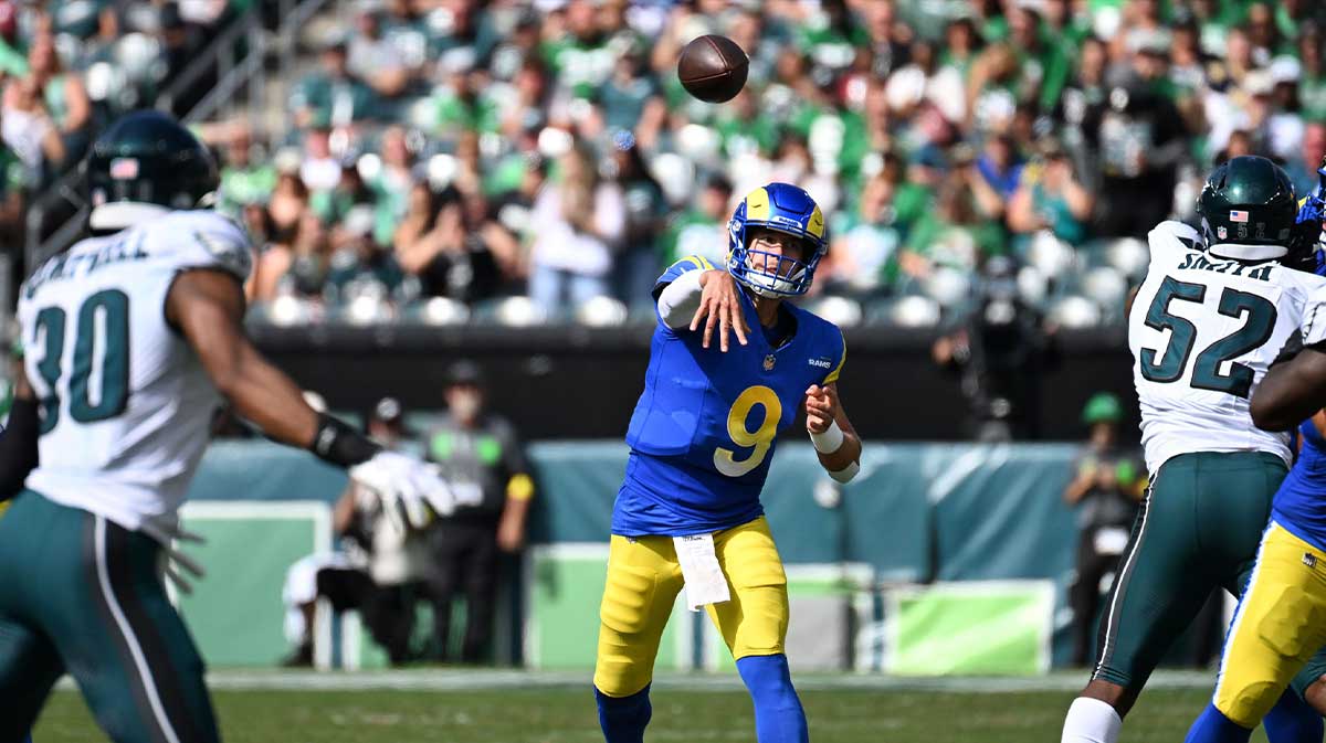 Los Angeles Rams quarterback Matthew Stafford throwing a pass against the Philadelphia Eagles.