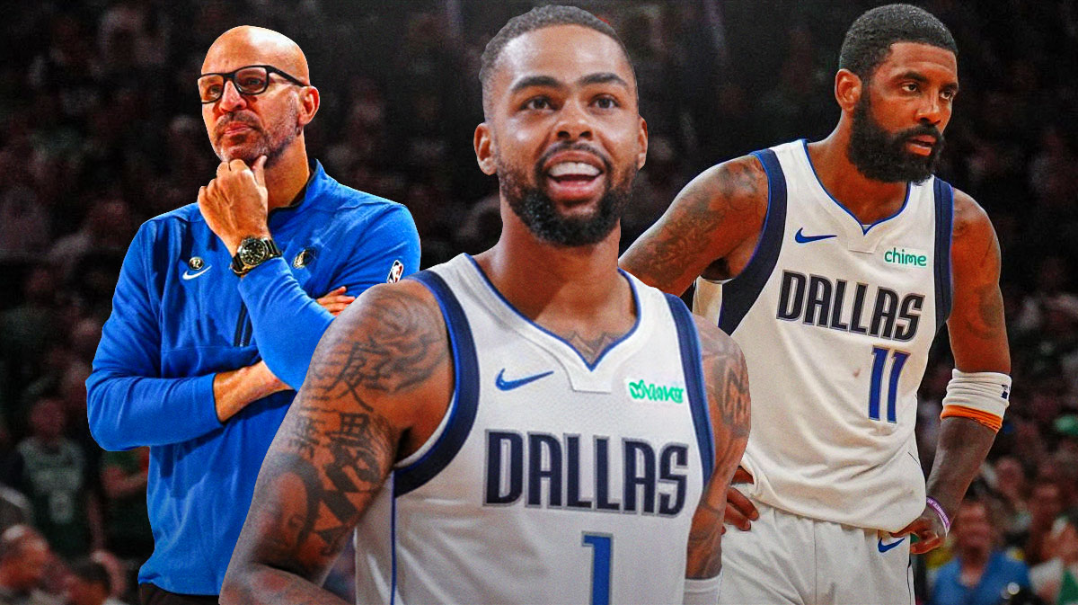 Mavericks D'Angelo Russell (Mavericks jersey) on left. Mavericks Kyrie Irving, Mavericks Jason Kidd on right.