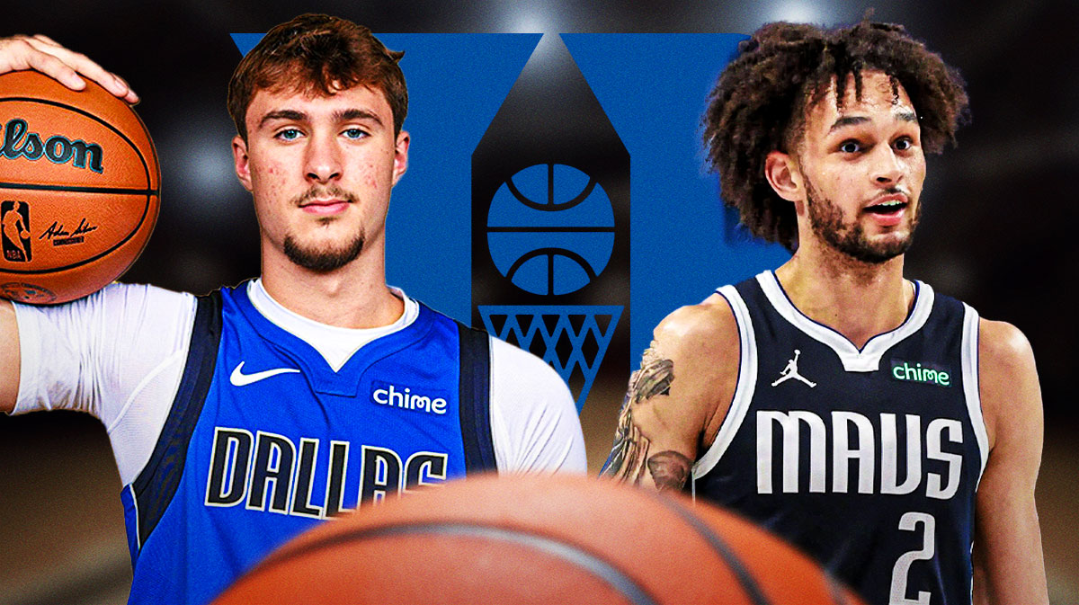 Mavericks Cooper Flagg smiling on left, Mavericks Dereck Lively II smiling on right. Duke basketball logo in middle.