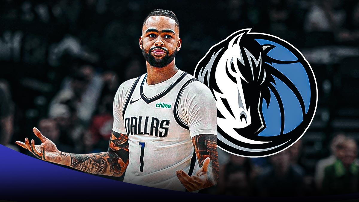 D'Angelo Russell in a Dallas Mavericks jersey with the Dallas Mavericks logo in background.