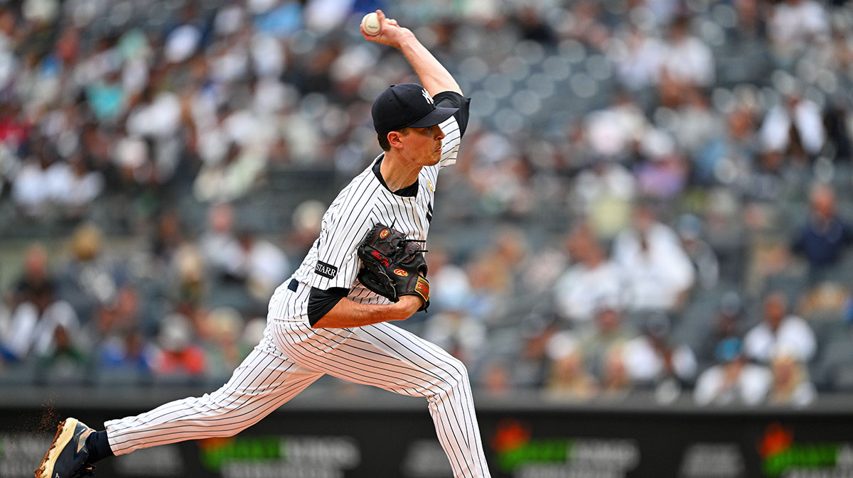 New York Yankees starting pitcher Max Fried (54) pitches against the Toronto Blue Jays during the first inning at Yankee Stadium. Mandatory Credit: Mark Smith-Imagn Images