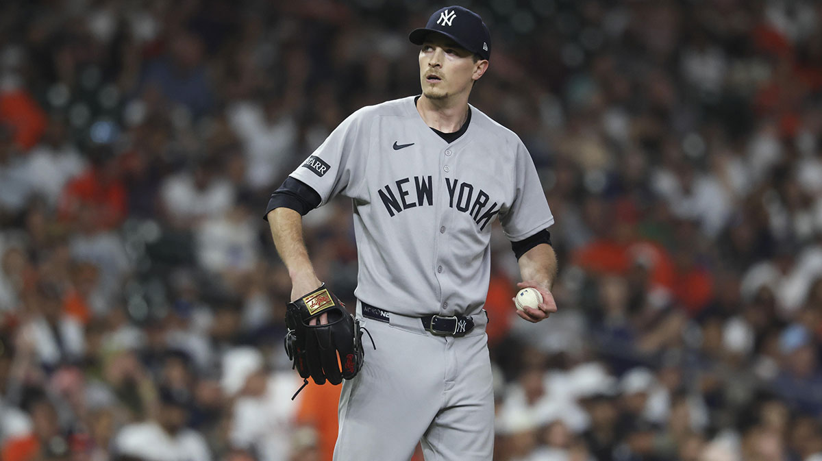 New York Yankees starting pitcher Max Fried (54) reacts during the seventh inning against the Houston Astros at Daikin Park. Mandatory Credit: Troy Taormina-Imagn Images
