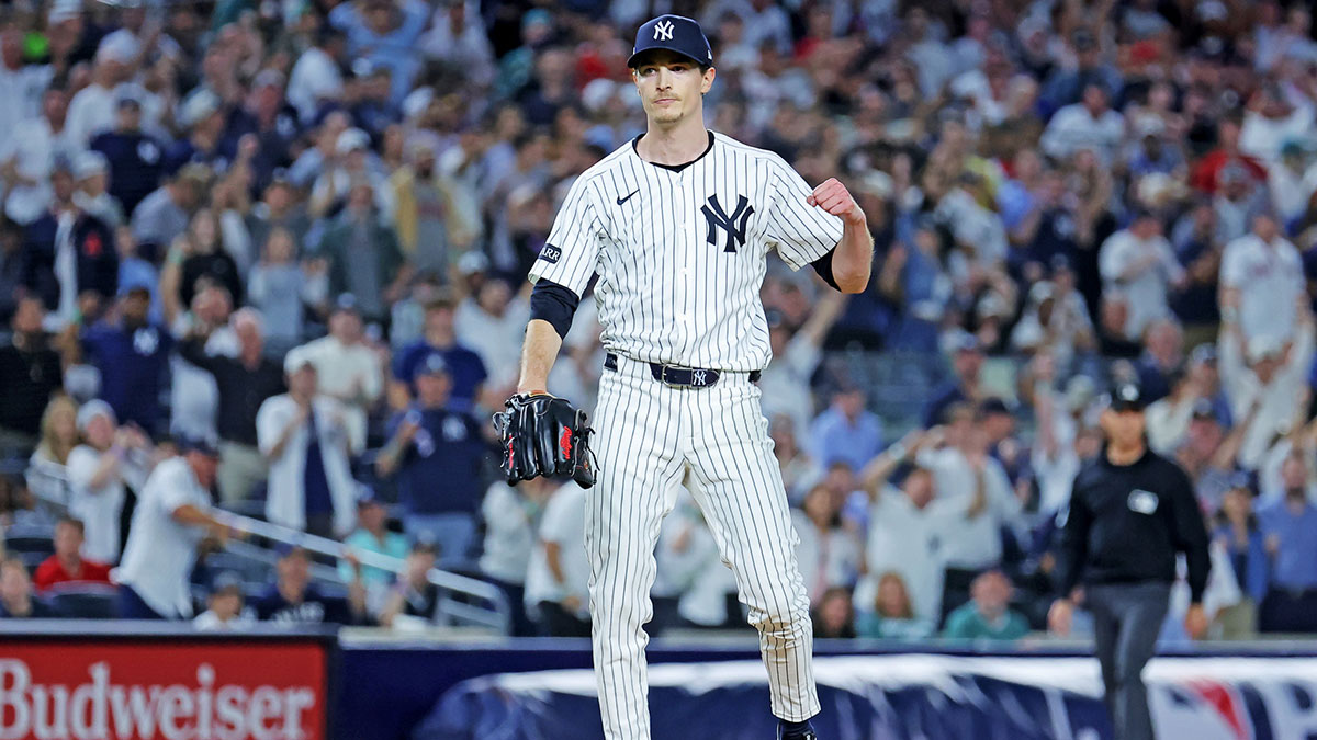 New York Yankees pitcher Max Fried (54) reacts after getting a double play ends the top of the sixth inning against Boston Red Sox during game one of the Wildcard round for the 2025 MLB playoffs at Yankee Stadium.