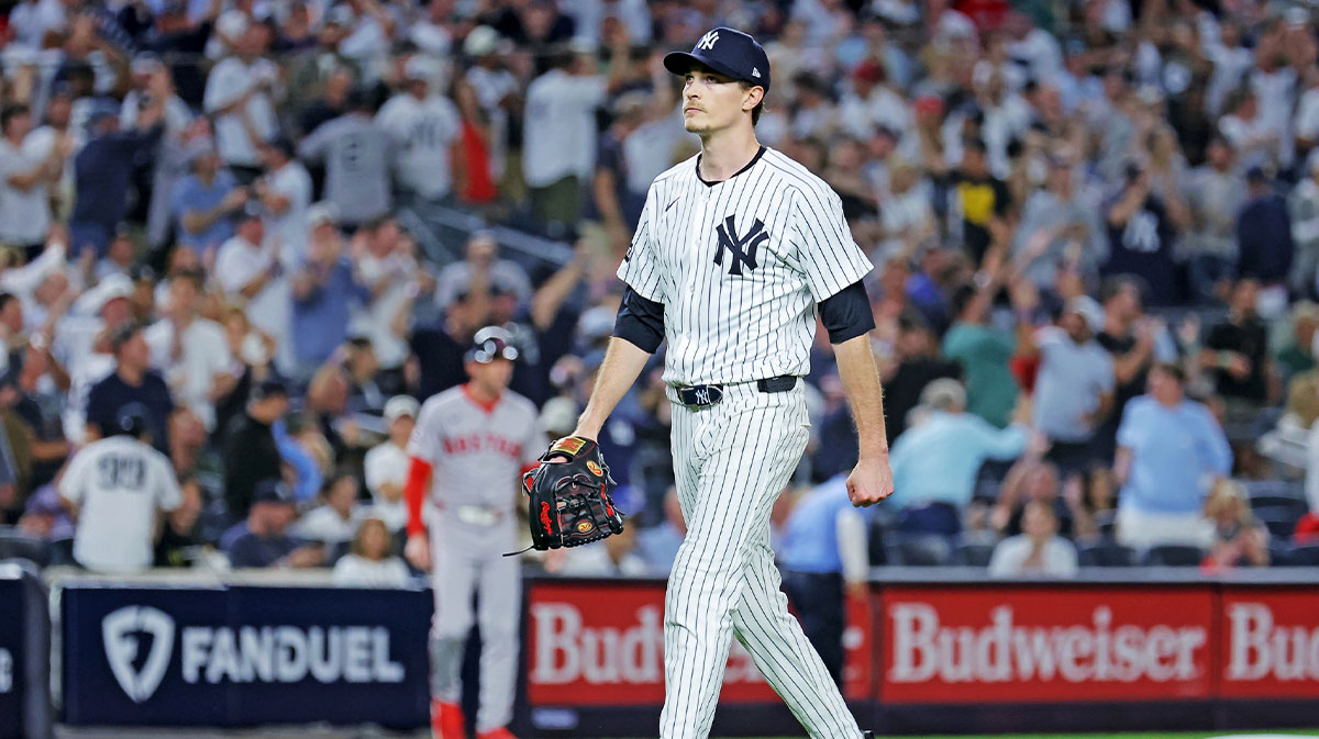 New York Yankees pitcher Max Fried (54) reacts after getting a double play ends the top of the sixth inning against Boston Red Sox during game one of the Wildcard round for the 2025 MLB playoffs at Yankee Stadium.