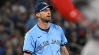 Toronto Blue Jays pitcher Max Scherzer (31) watches the ball being retrieved after giving up a single to Boston Red Sox right fielder Wilyer Abreu (52) in the fourth inning at Rogers Centre.