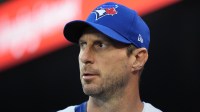Toronto Blue Jays starting pitcher Max Scherzer (31) watches the action during his teams at bat against the Minnesota Twins during the first inning at Rogers Centre.