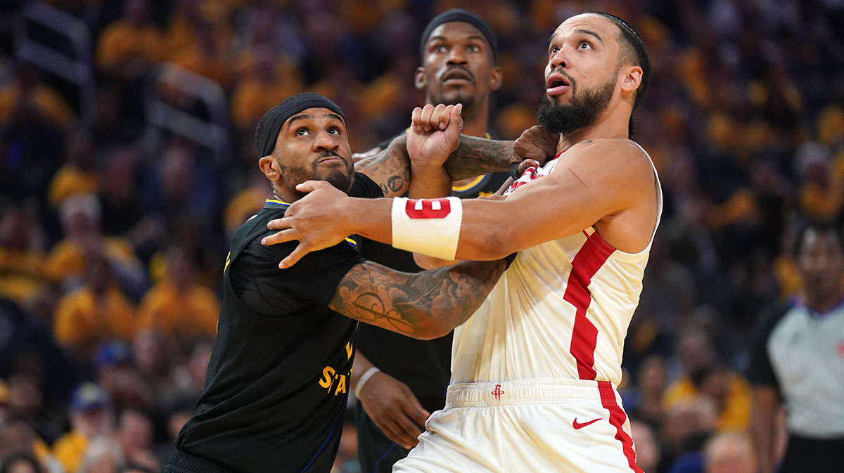 Golden State Warriors guard Gary Payton II (0) and Houston Rockets guard Dillon Brooks (9) battle for position in the second quarter of game six of the first round for the 2025 NBA Playoffs at Chase Center.