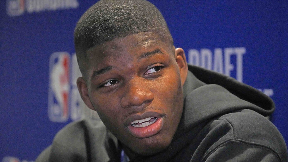 Cedric Coward talks to the media during the 2025 NBA Draft Combine at Marriott Marquis Chicago.